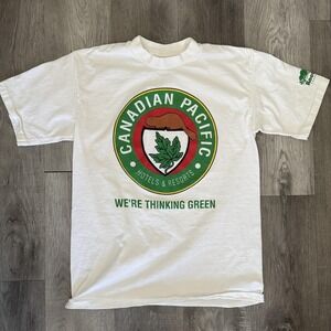 Vintage Canadian Pacific Shirt Mens Large White Roots Hotels Resorts Green 90s